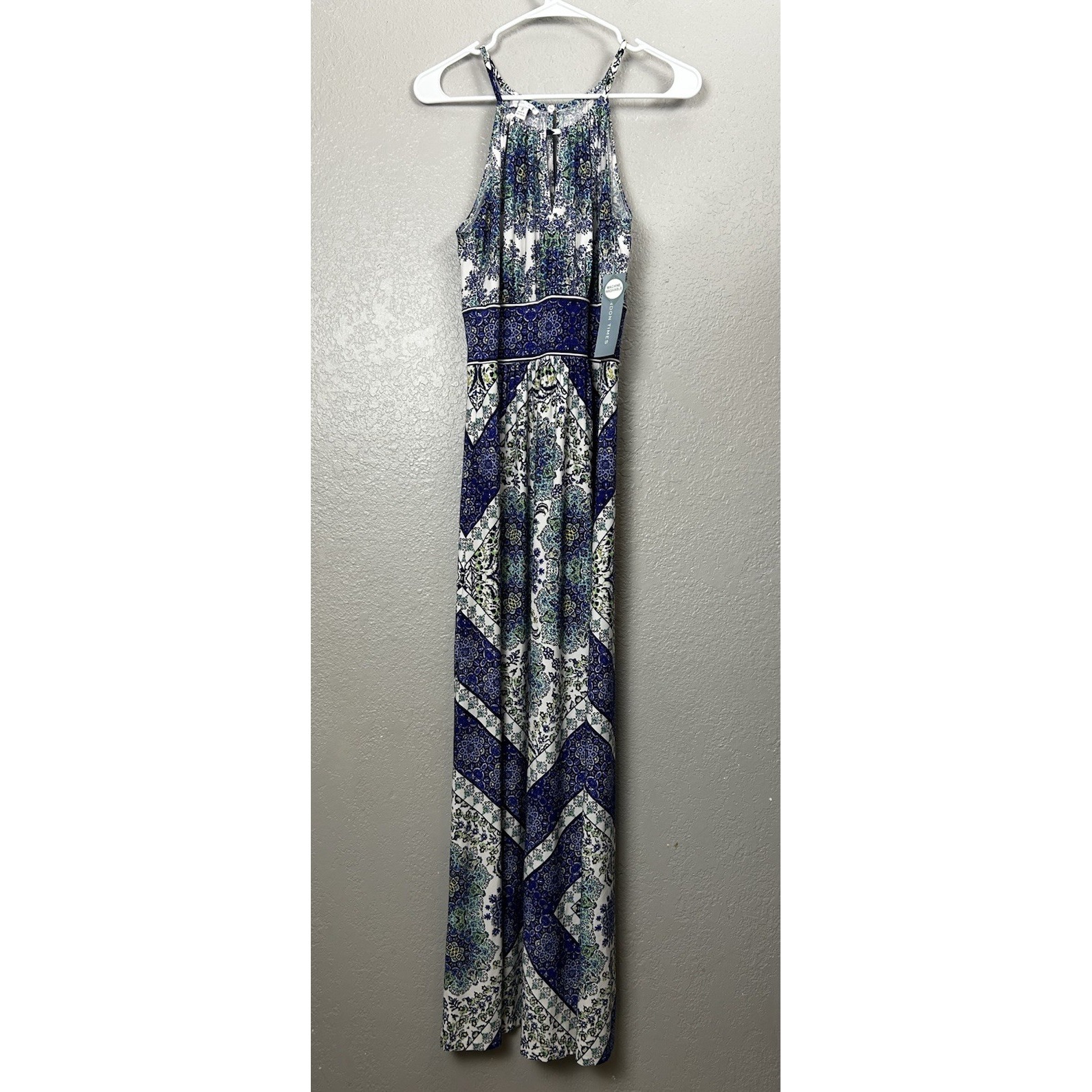 London Times Keyhole Jersey Maxi Dress Blue Pattern Colorful Size 6 Nwt
